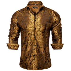 Chemises en soie Paisley dorées pour hommes, manches longues, marque de luxe, smoking, fête de mariage, vêtements pour hommes DiBanGu