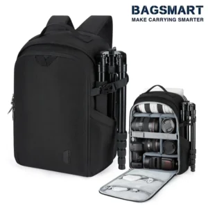 BAGSMART sac à dos pour appareil photo pour photographes DSLR, étui pour ordinateur portable 13.3 pouces, housse de pluie étanche, support sur trépied